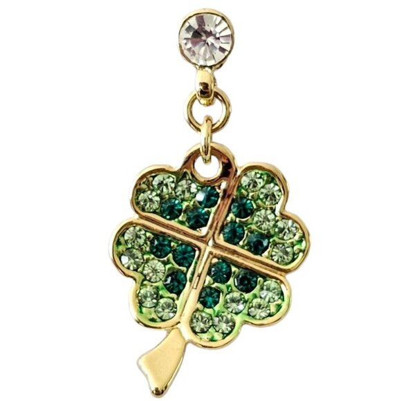 Gold Tone Green Rhinestone Pave Four-Leaf Clover Dangle Lapel Tie Scarf Pin L267 - Picture 4 of 9